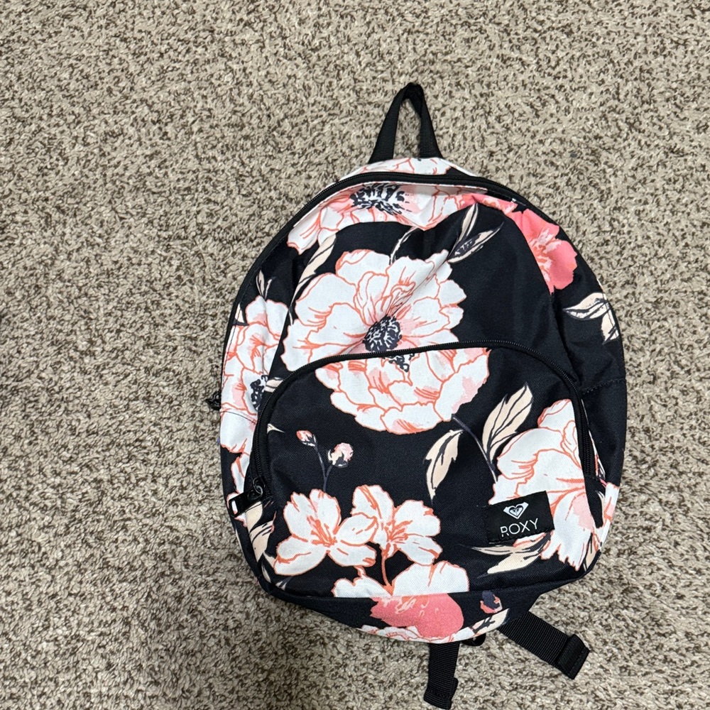 Roxy Mini Black Backpack with Pink Floral Pattern